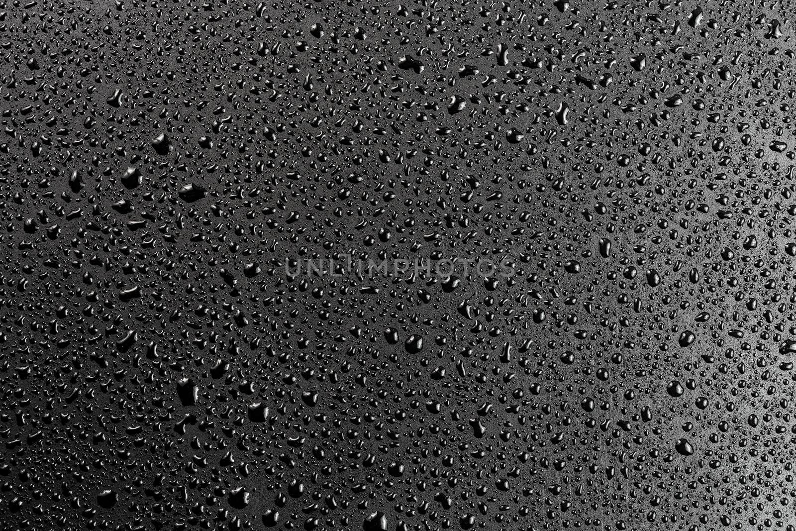 water drops on abstract flat black hydrophobic surface macro background.