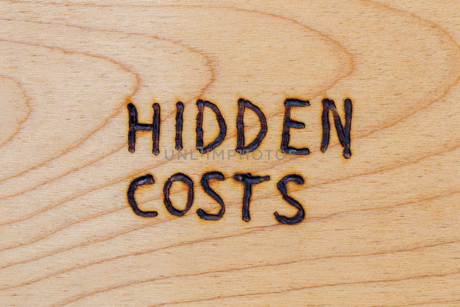 the words hidden costs handwritten with woodburner on flat wood surface - directly above flat lay view