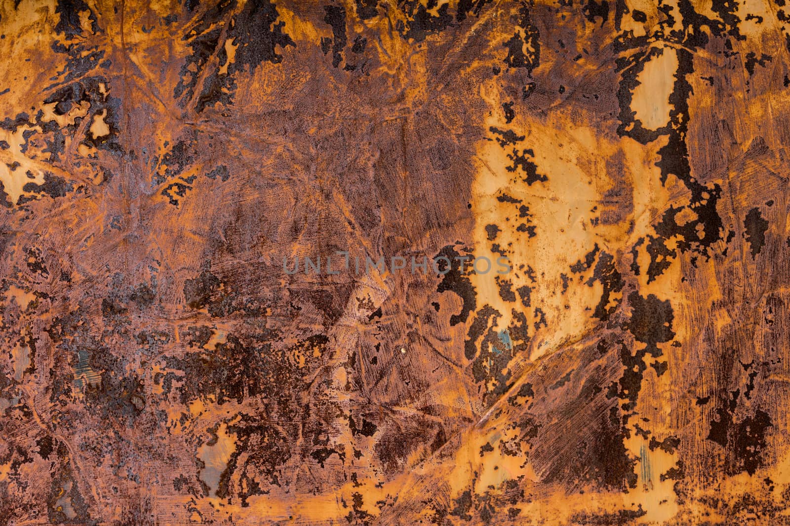 rusted flat solid sheet metal background and texture with leftovers of white paint.