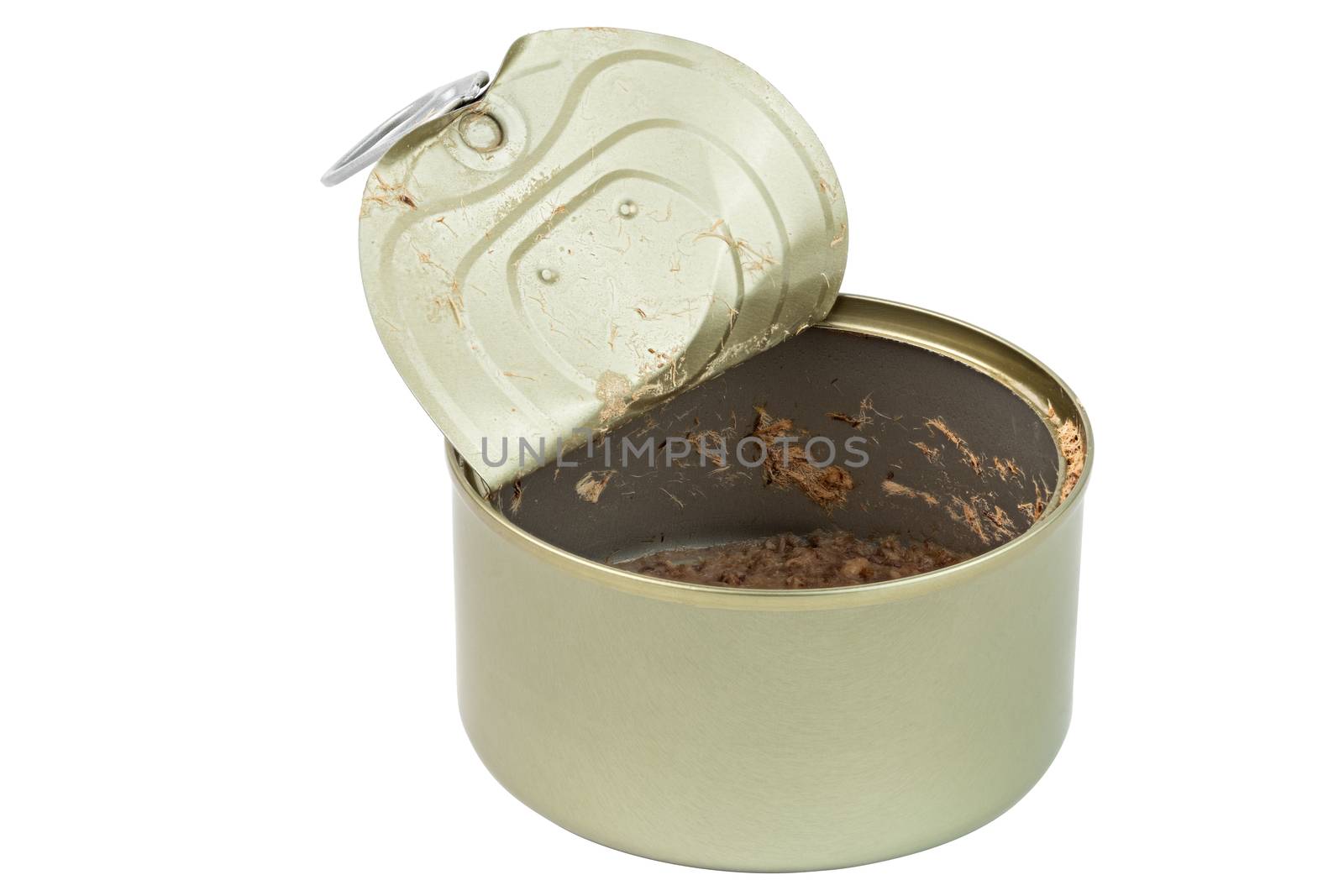 opened and empty tincan with leftovers of tuna - isolated on white background with edge-to-edge sharpness
