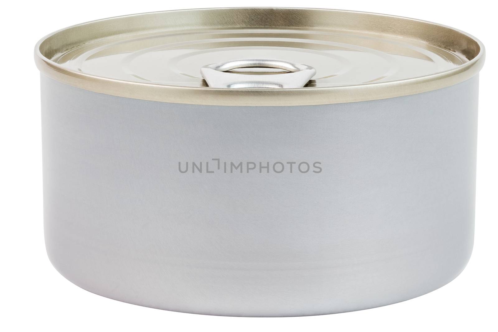 closed tin can with pull tab ring lid opener isolated on white background with edge-to-edge sharpness, slanted frontal view