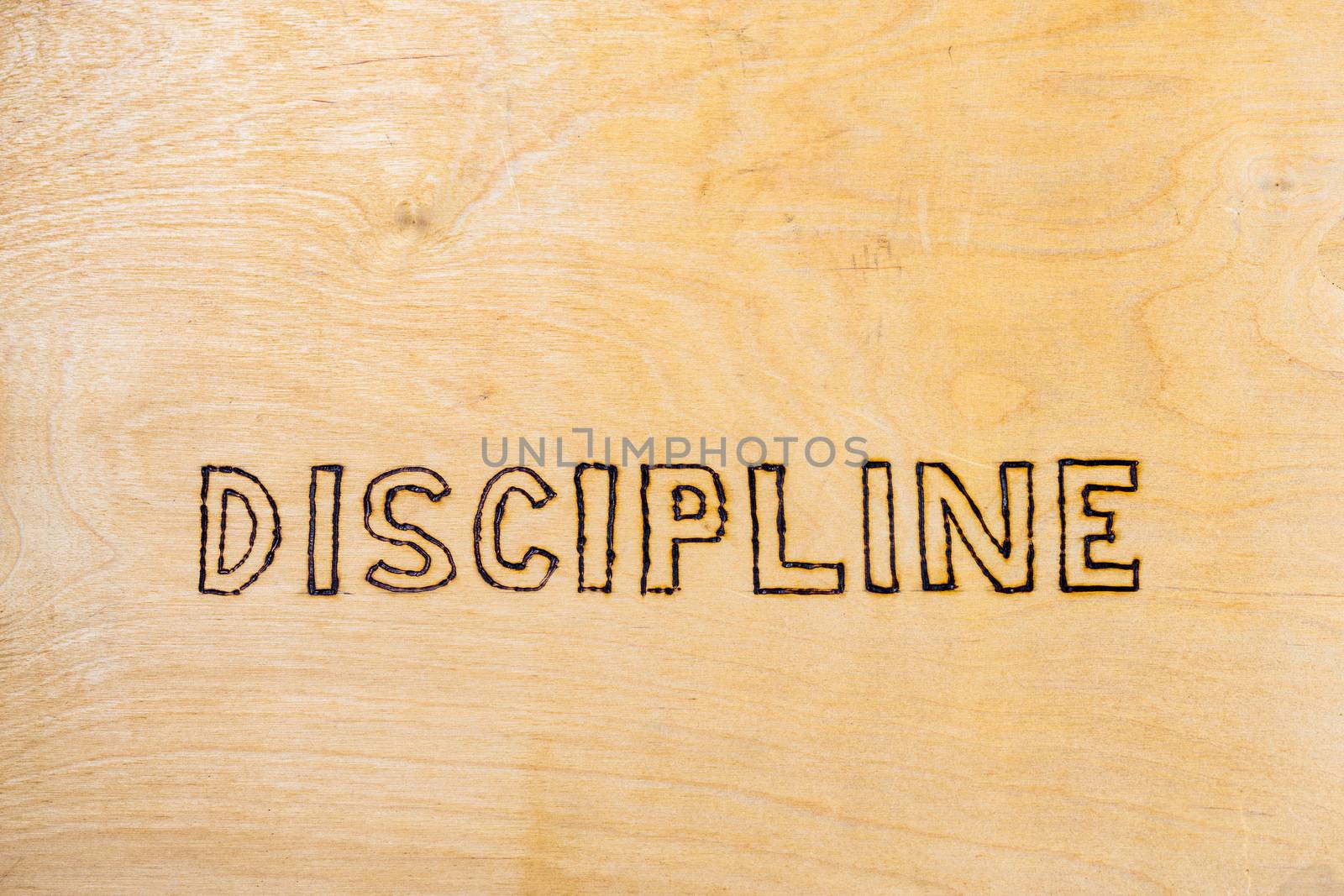 word discipline handwritten with woodburner on white flat wooden surface - directly above normal view