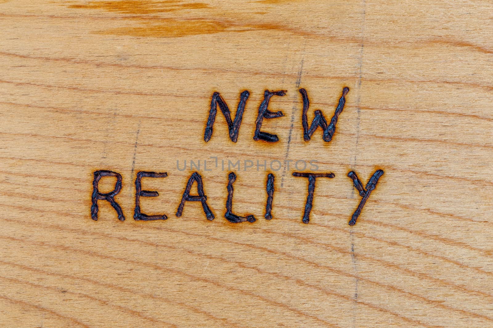 the words new reality handwritten with woodburner tool on flat wood surface in directly above perspective