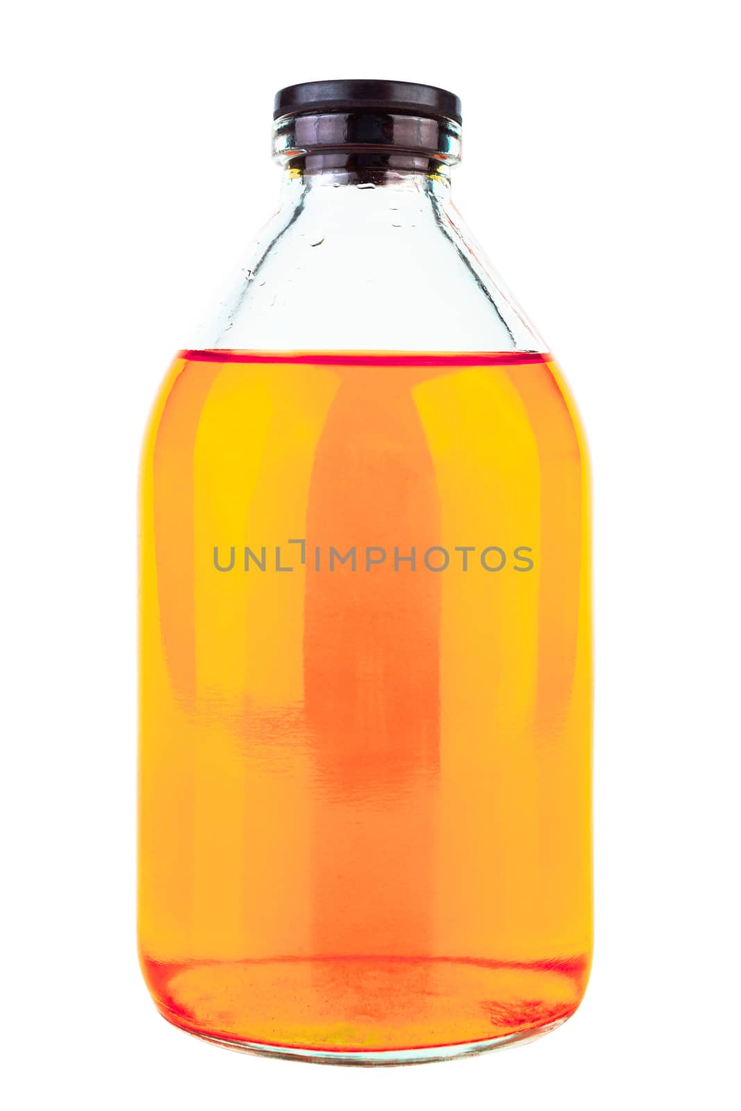 old style glass medical or chemical bottle with yellow transparent liquid isolated on white background, closed with black rubber cap