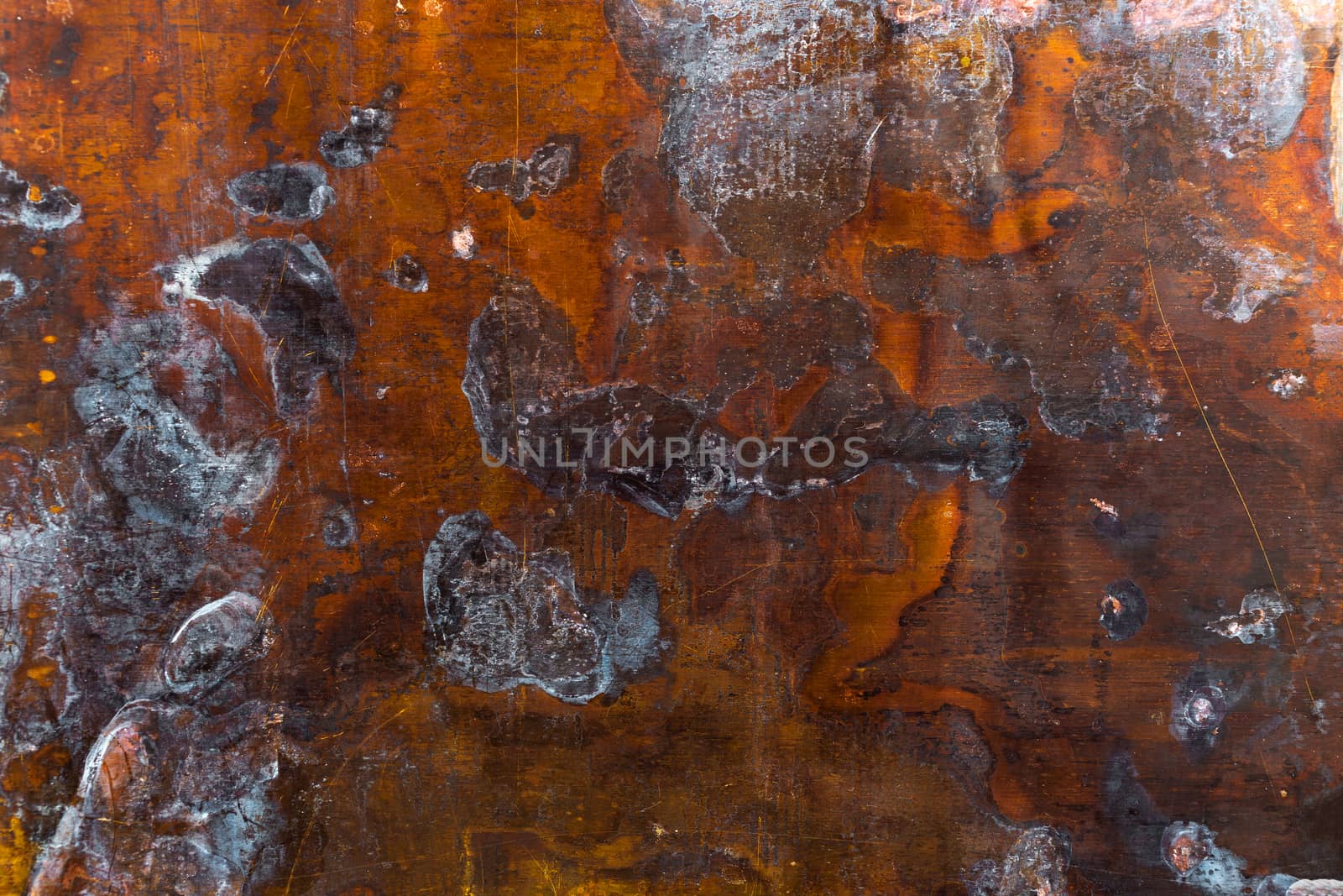 texture of old oxidated sheet of brass with colorful spots and some minor scratches.