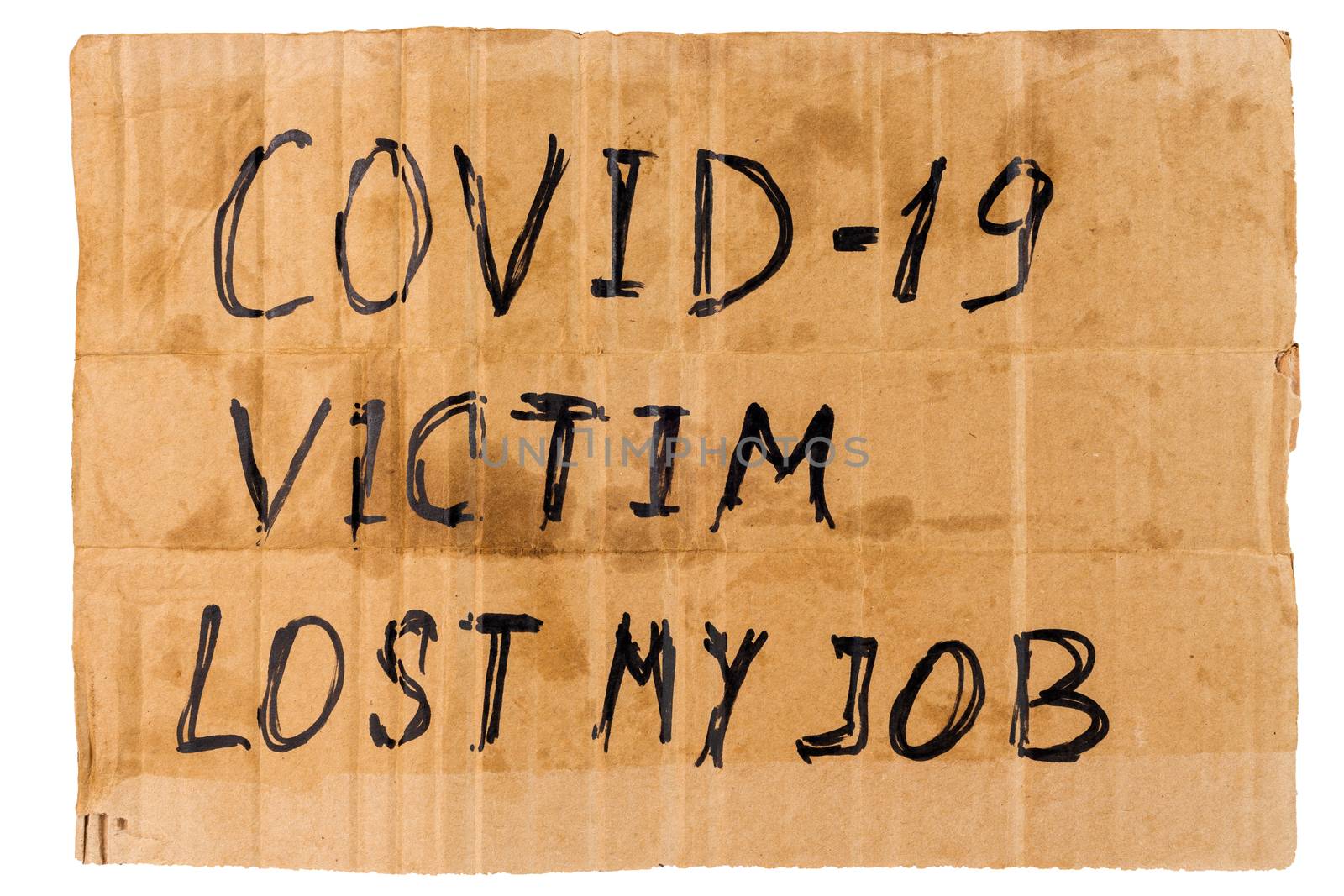 the words covid-19 victim lost my job handwritten on rectangular flat dirty sheet of cardboard - homeless placard, isolated on white by z1b