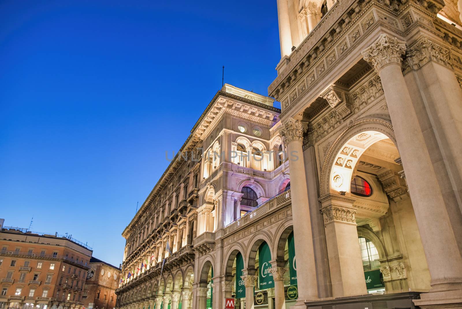 MILAN, ITALY - SEPTEMBER 2015: Exterior view of Gallery Vittorio Emanuele II at night