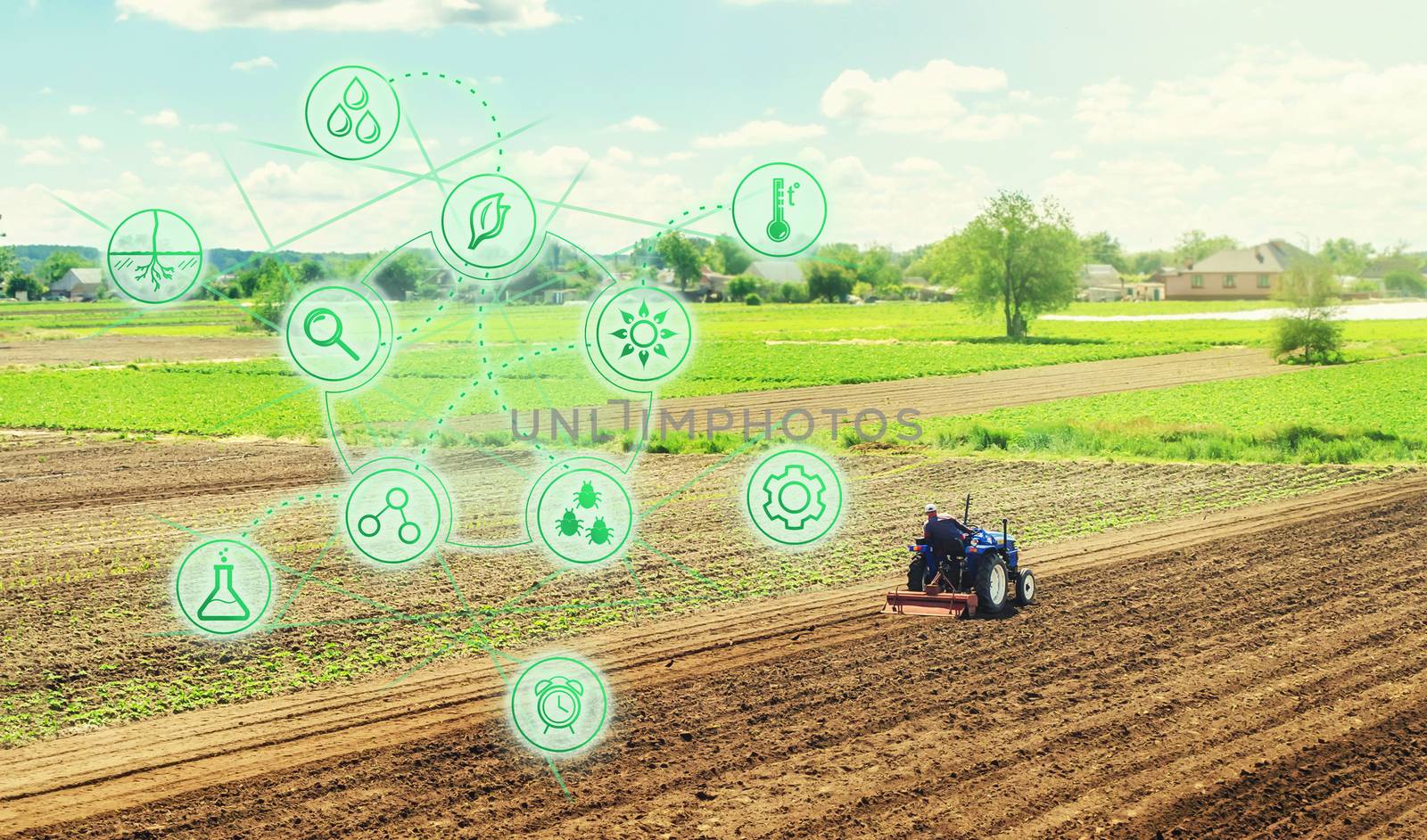 Futuristic innovative technology pictogram and a farmer on a tractor. Science of agronomy. Farming and agriculture startups. Improving efficiency. Technology Improvement in quality and yield growth. by iLixe48