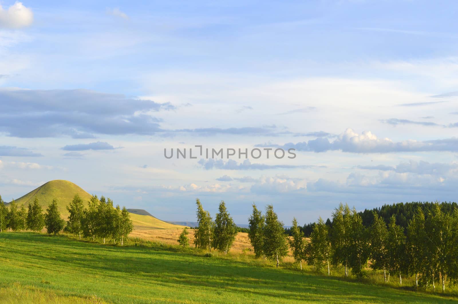 summer landscape with mountain and blue sky with clouds