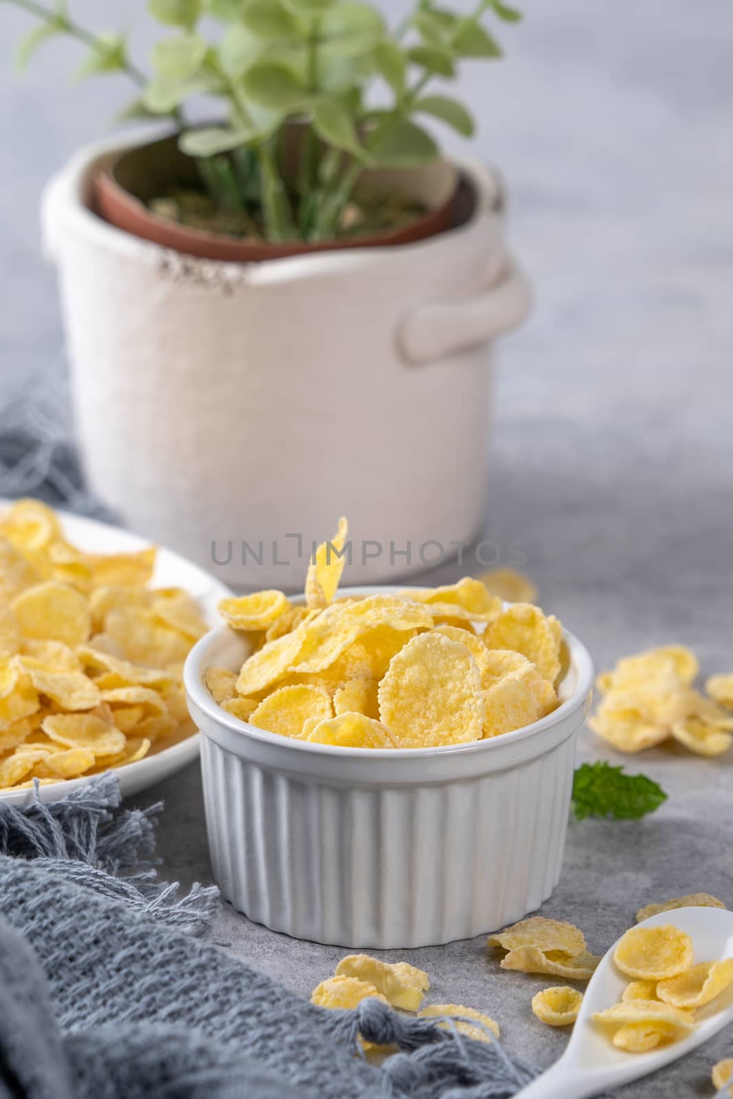 Corn flakes bowl sweeties with milk on gray cement background, close up, fresh and healthy breakfast design concept.