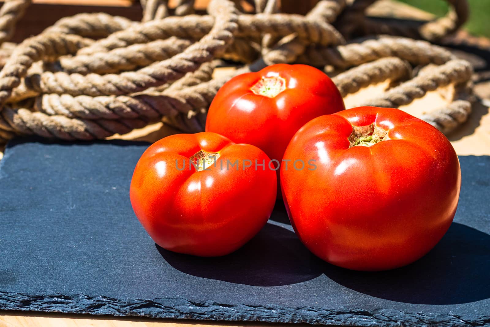 Close up of fresh ripe tomatoes isolated in a rustic composition by vladispas