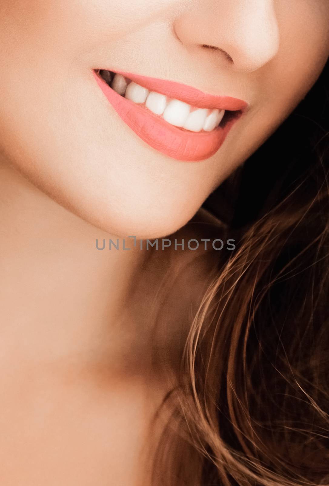 Cheerful healthy female smile with perfect natural white teeth, beauty face closeup of smiling young woman, bright lipstick makeup and clean skin for dental and healthcare brand by Anneleven