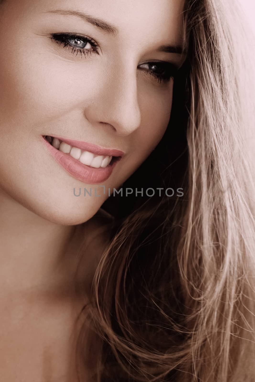 Elegant woman smiling, brunette with long light brown hair, girl wearing natural makeup look, female showing healthy white teeth, beauty portrait for cosmetic or lifestyle brand by Anneleven