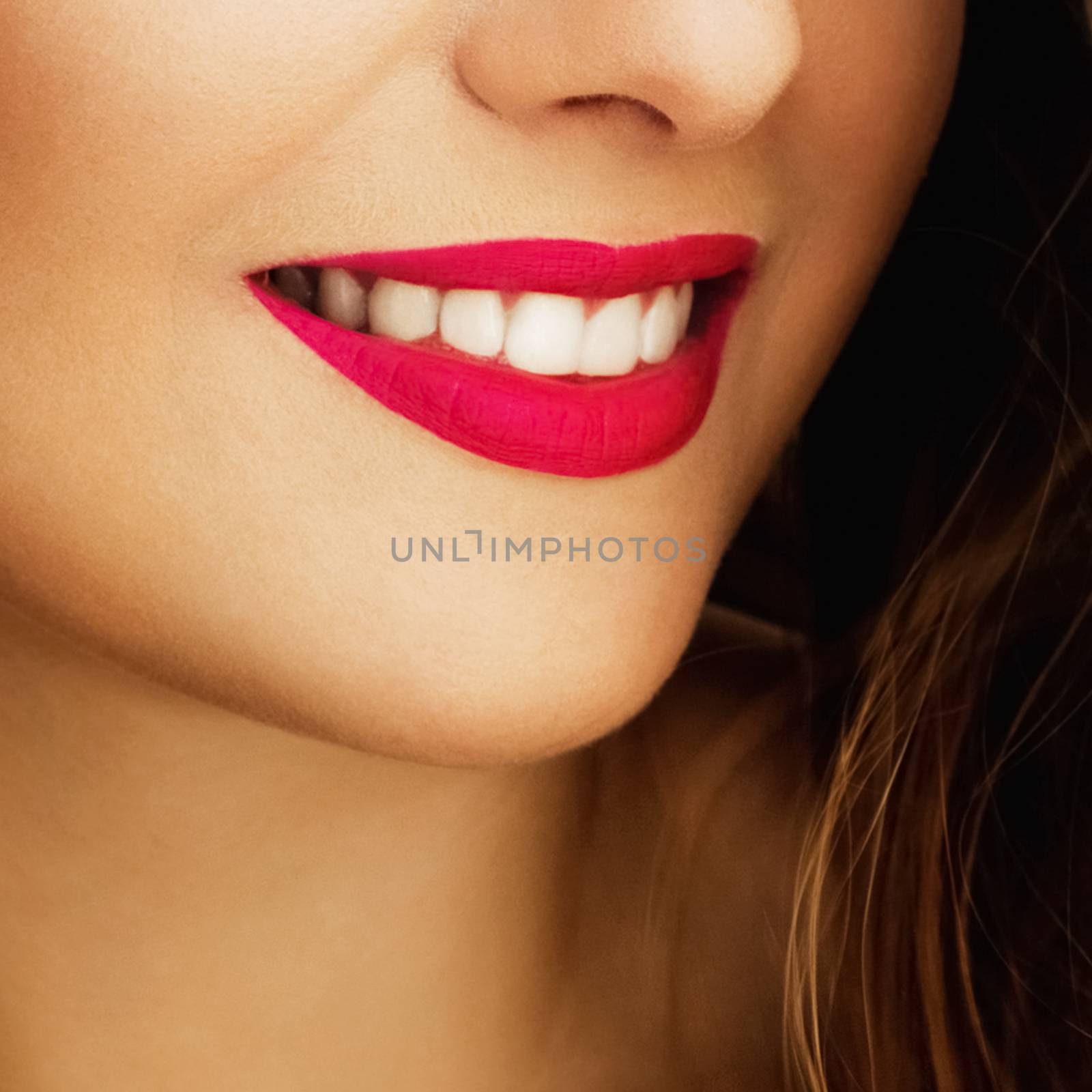 Happy healthy female smile with perfect natural white teeth, beauty face closeup of smiling young woman, bright lipstick makeup and clean skin for dental and healthcare brand by Anneleven
