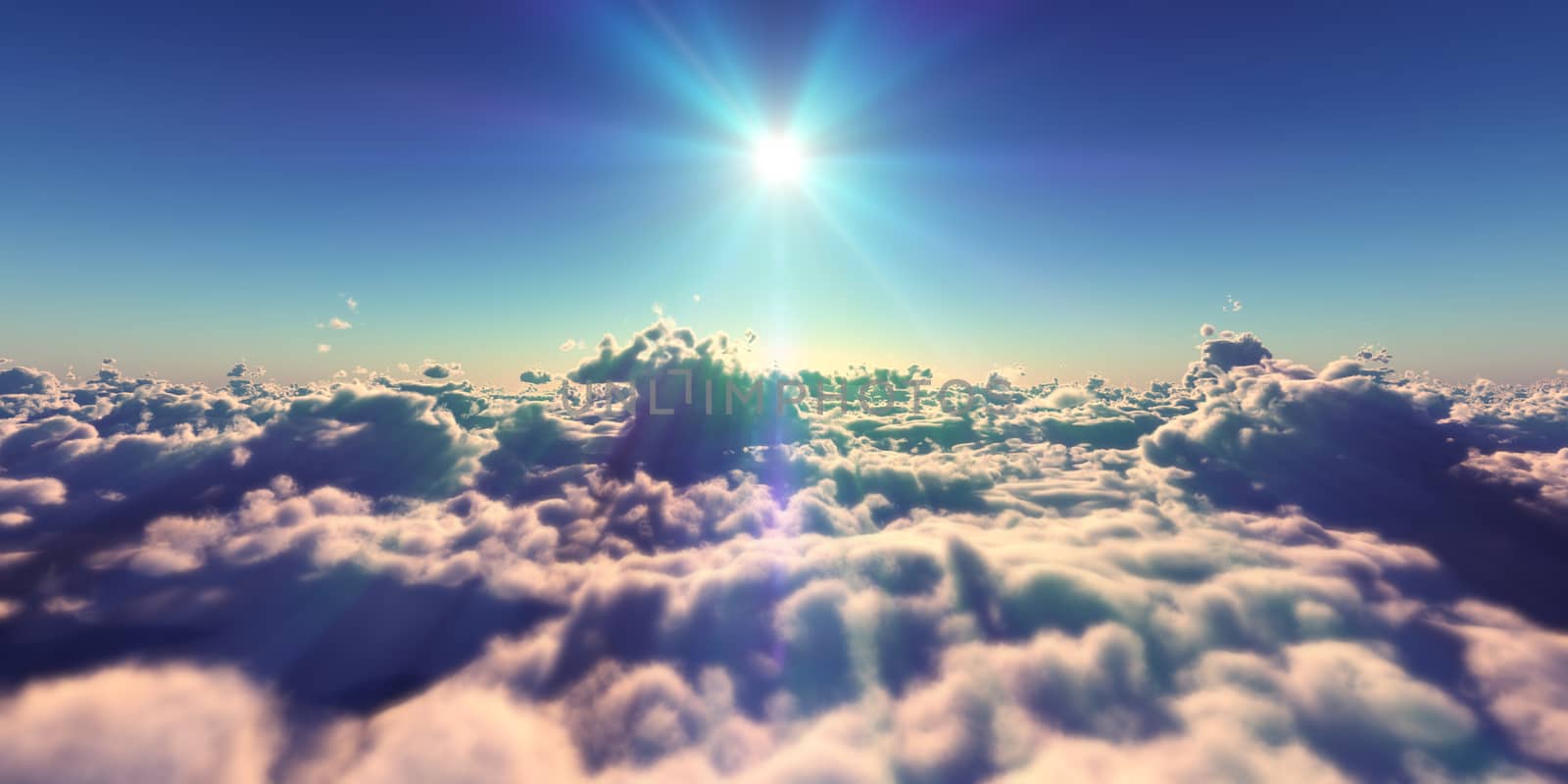 fly above clouds sunset landscape, 3d render illustration