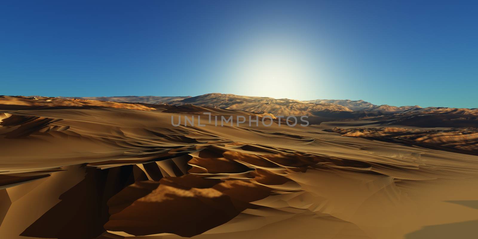 Dunes sunset over the desert. 3d rendering illustration