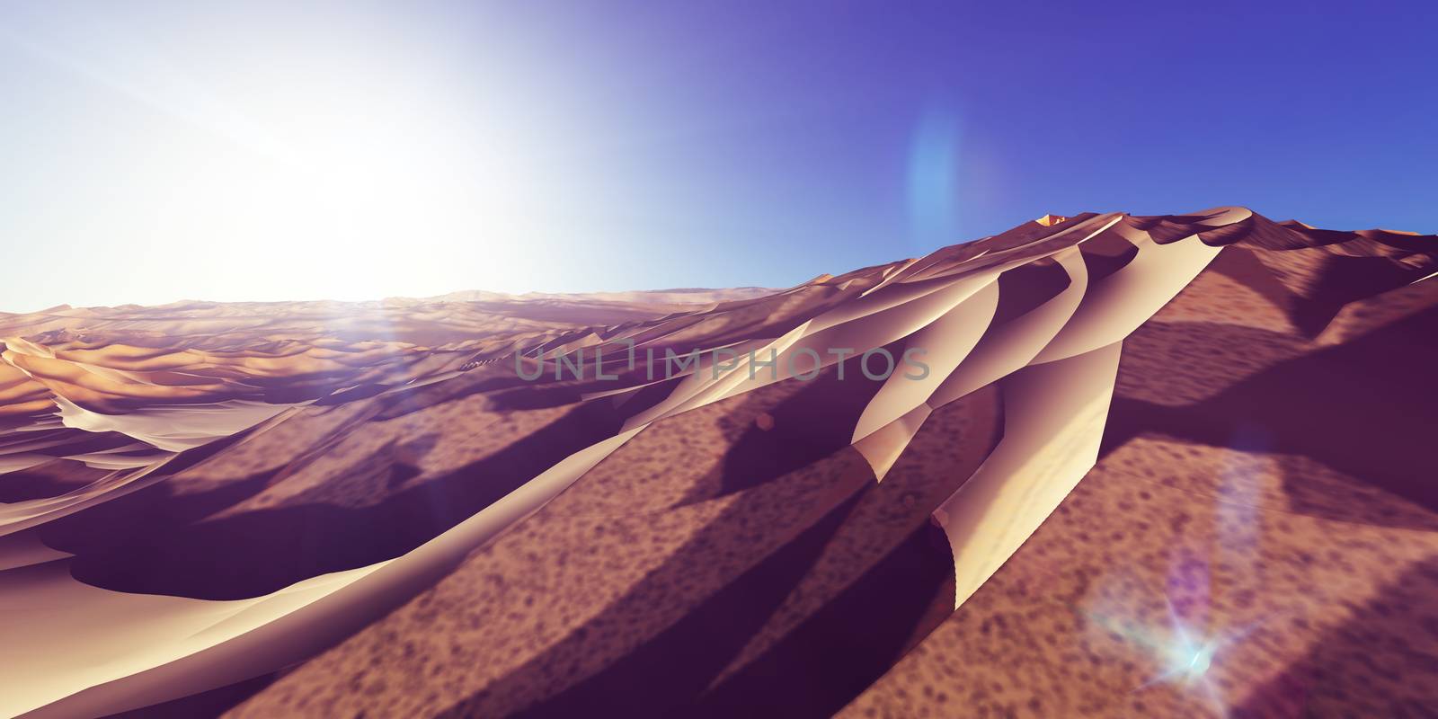 Dunes sunset over the desert. 3d rendering illustration