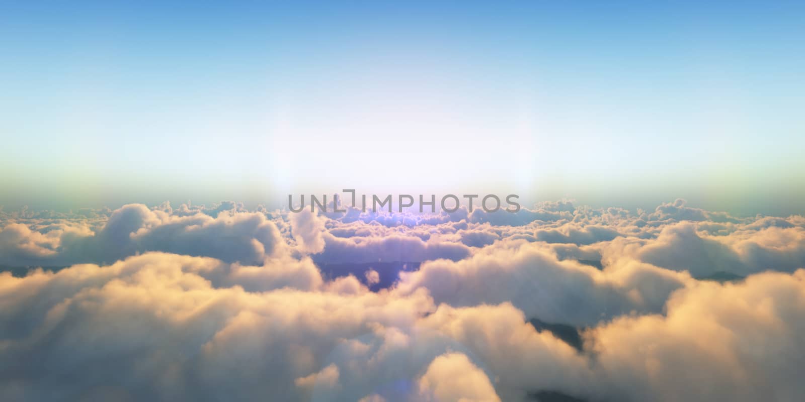 Beautiful aerial view above clouds with sunset. 3d illustration by alex_nako