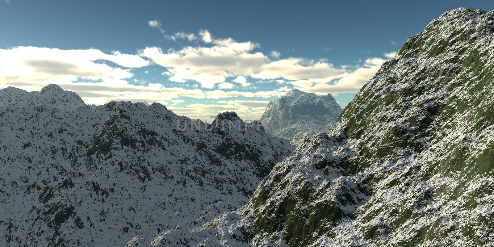 Winter high mountains with snow. 3d illustration