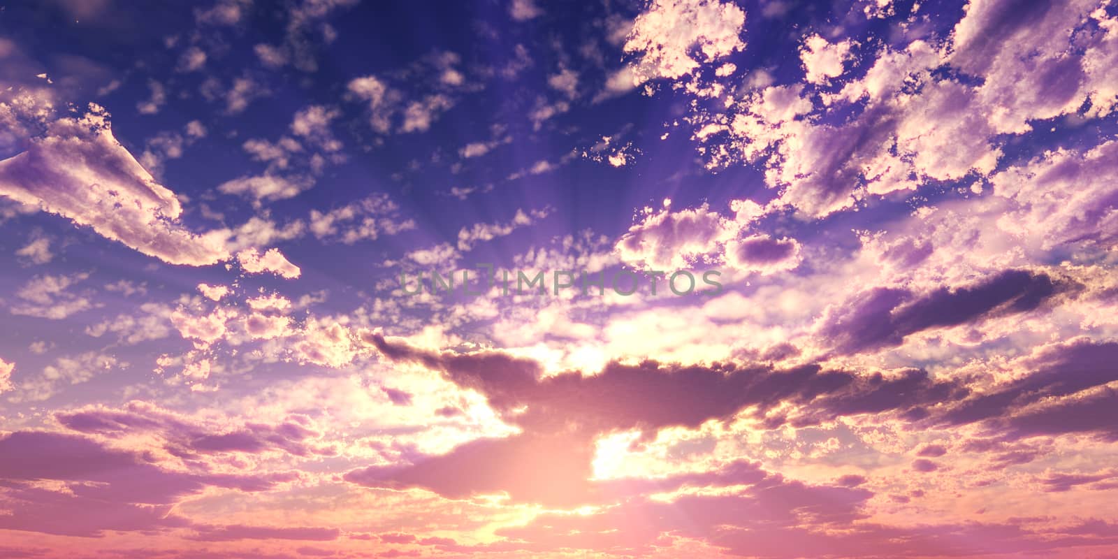 Sunset / sunrise with clouds, light rays and other atmospheric effect, 3d illustration