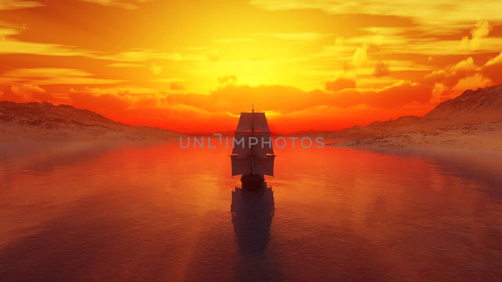 old ship at sea sunset, 3d render illustration