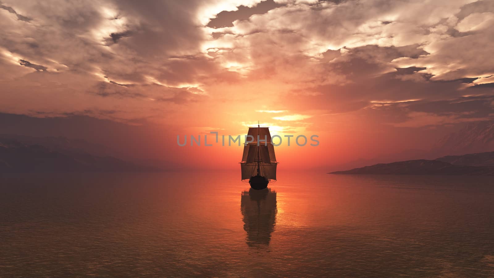 old ship at sea sunset, 3d render illustration