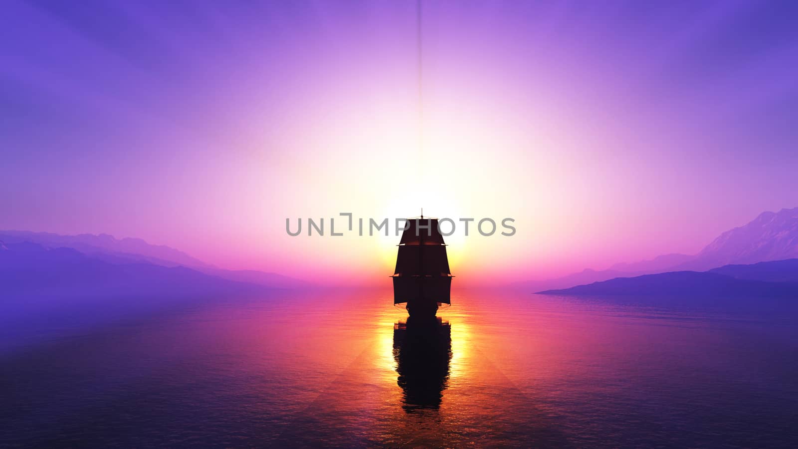 old ship at sea sunset, 3d render illustration