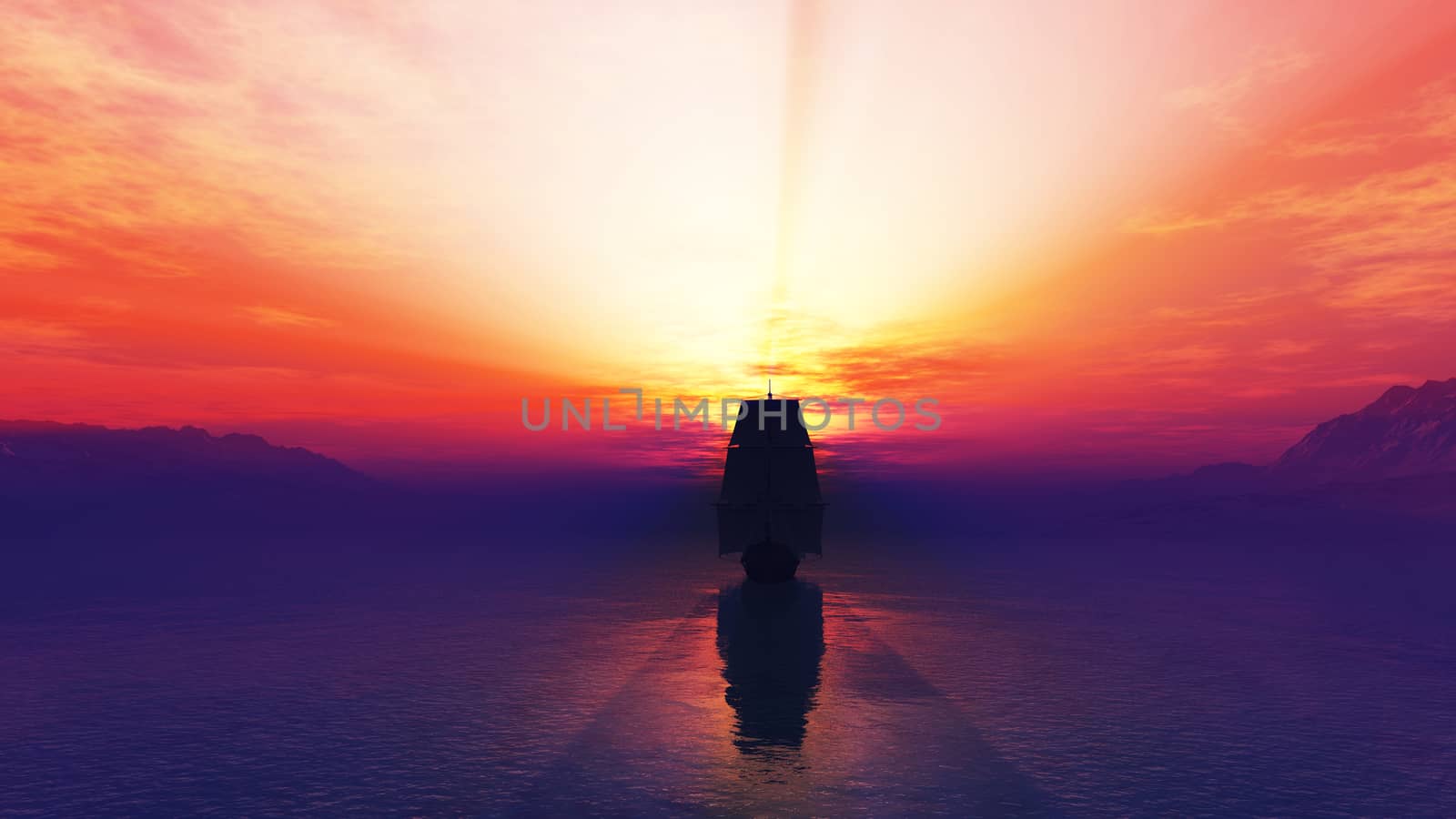 old ship at sea sunset, 3d render illustration