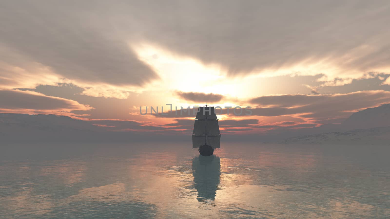 old ship at sea sunset, 3d render illustration