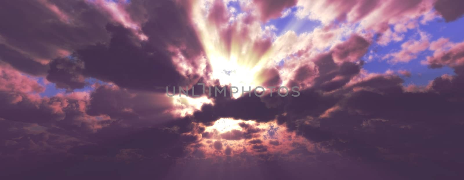 Sunset / sunrise with clouds, light rays and other atmospheric effect, 3d illustration by alex_nako