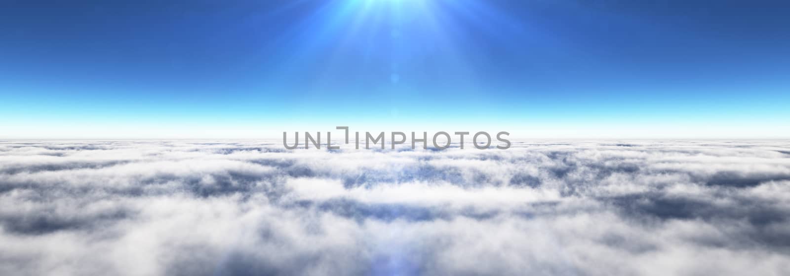 Above clouds sun ray, 3d rendering illustration