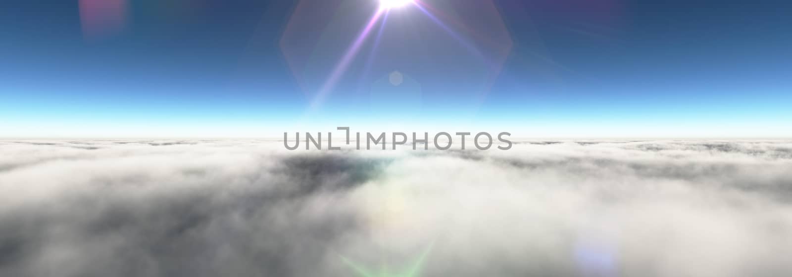 Above clouds sun ray, 3d rendering illustration