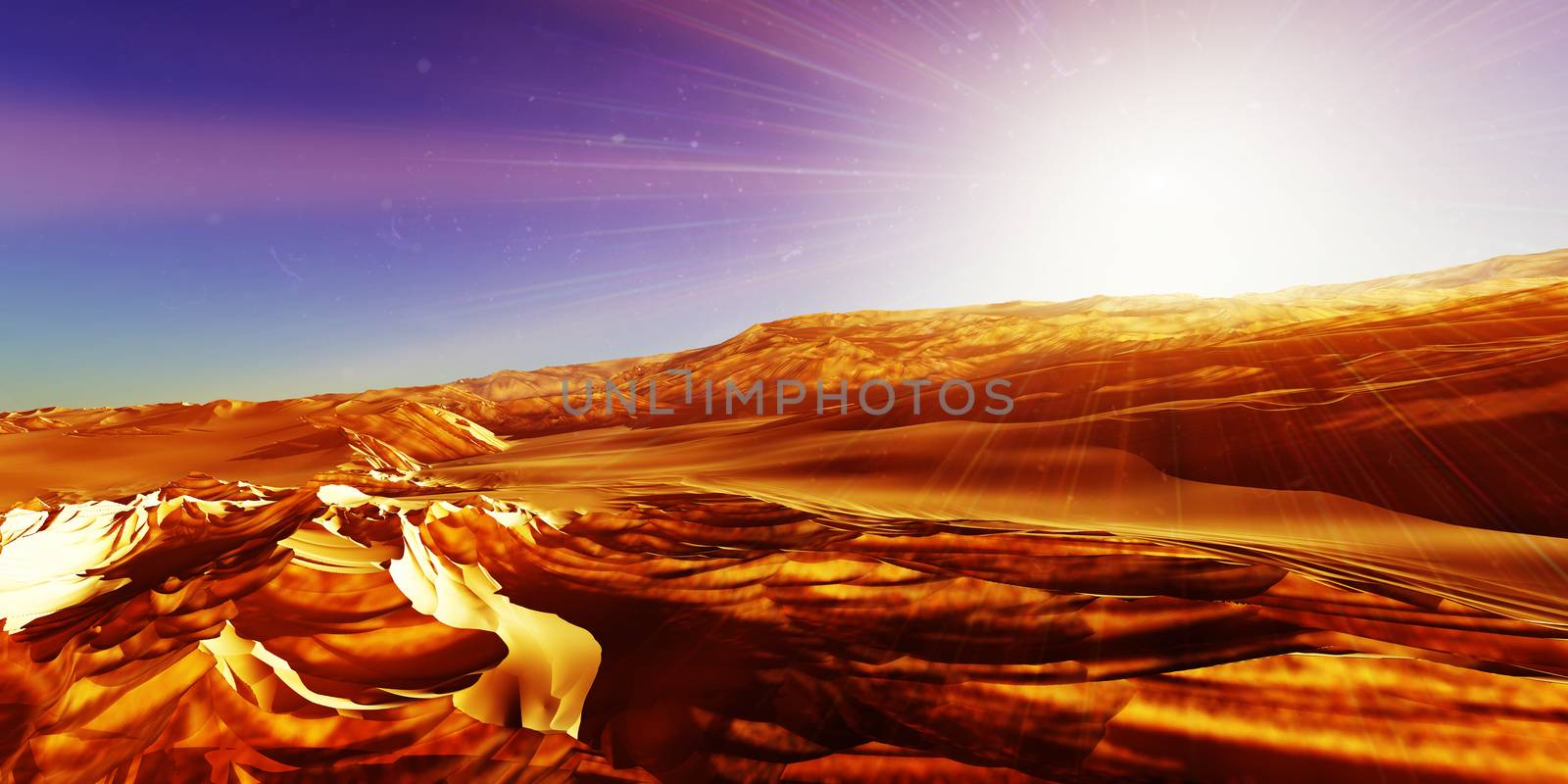 Dunes sunset over the desert. 3d rendering by alex_nako