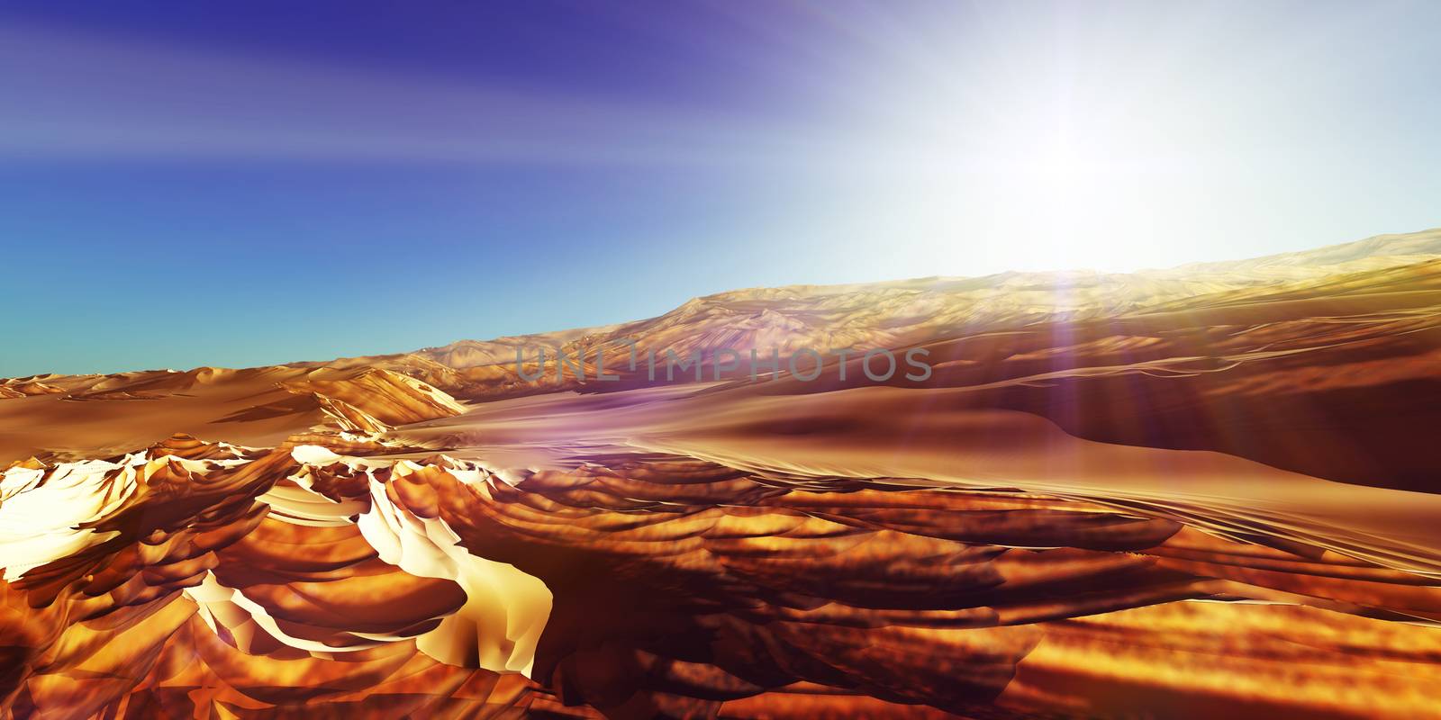 Dunes sunset over the desert. 3d rendering illustration