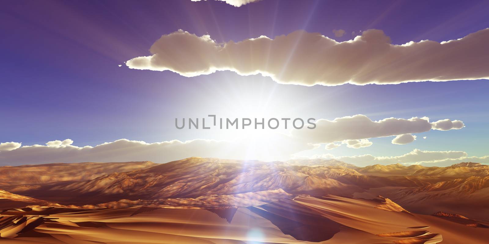 Dunes sunset over the desert. 3d rendering illustration