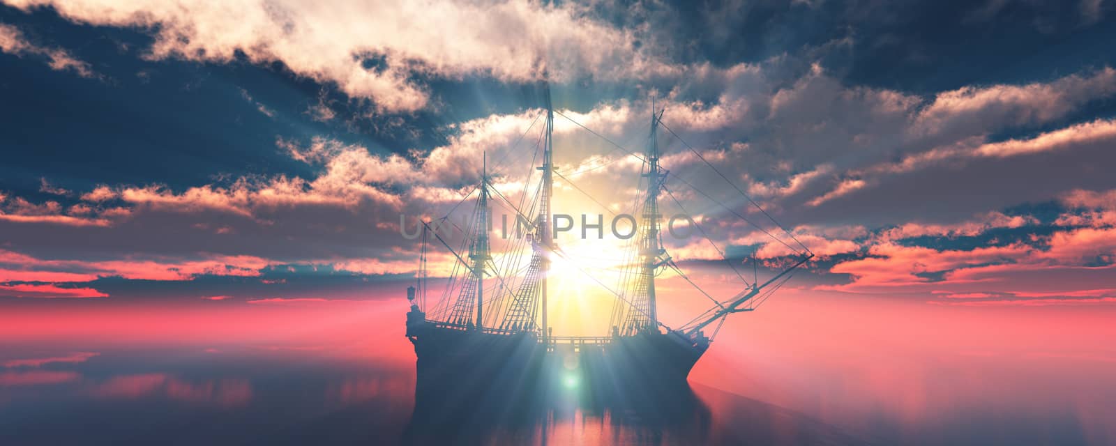 old ship sunset at sea 3d rendering illustration