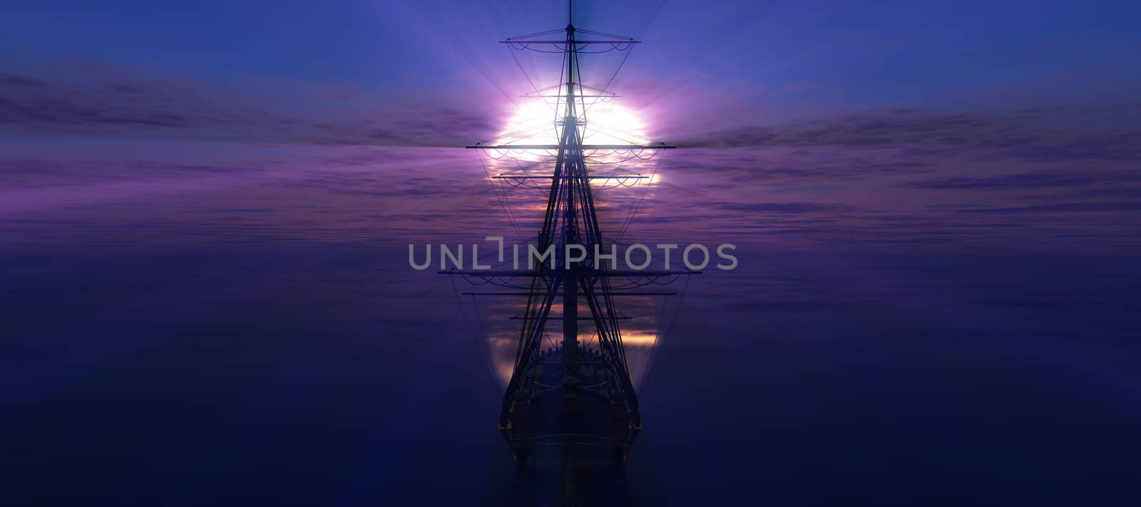 old ship sunset at sea 3d rendering illustration