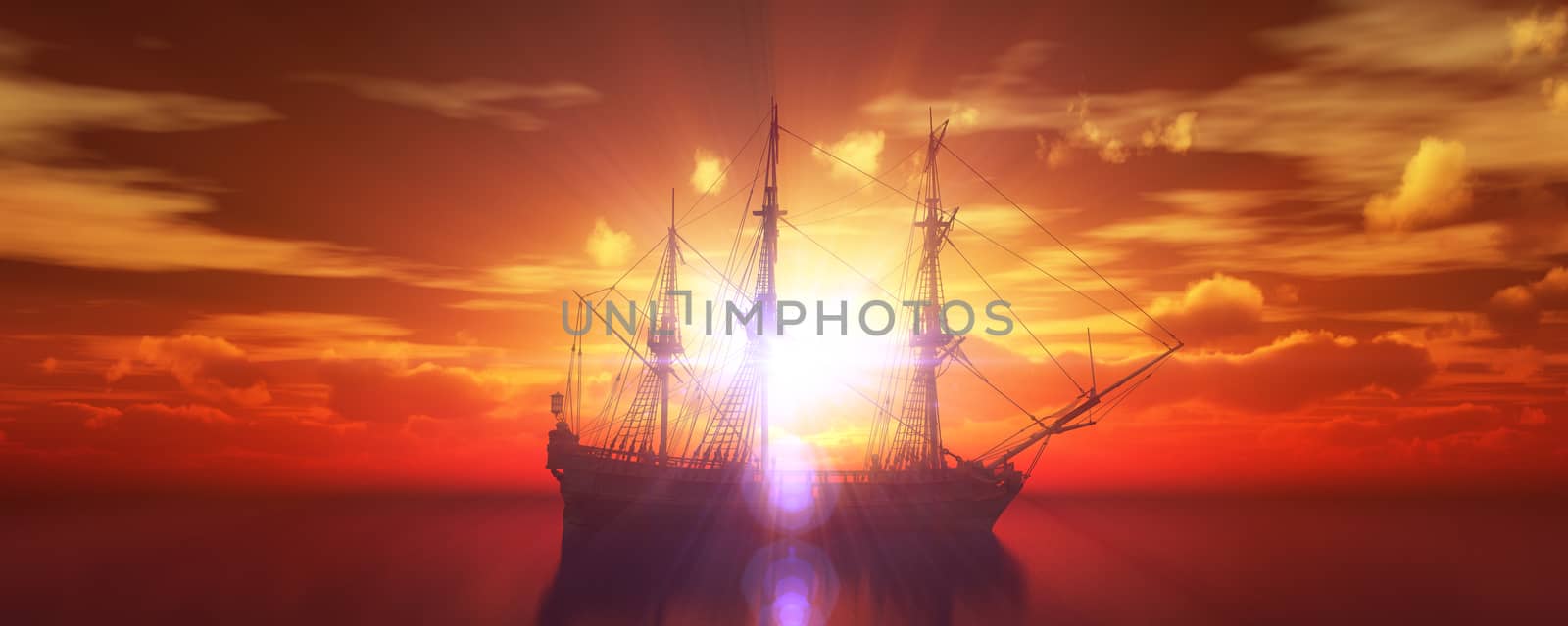 old ship sunset at sea 3d rendering by alex_nako