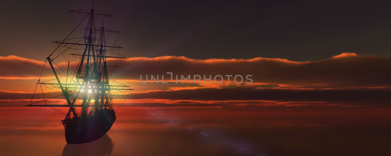 old ship sunset at sea 3d rendering by alex_nako