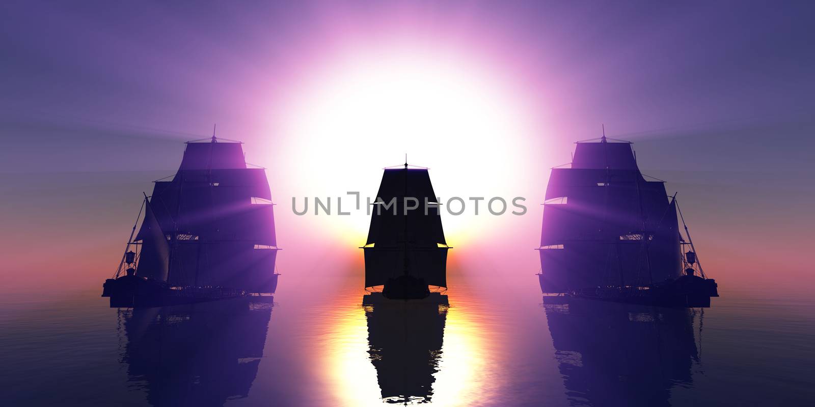 old three ships sunset at sea, 3d rendering illustration