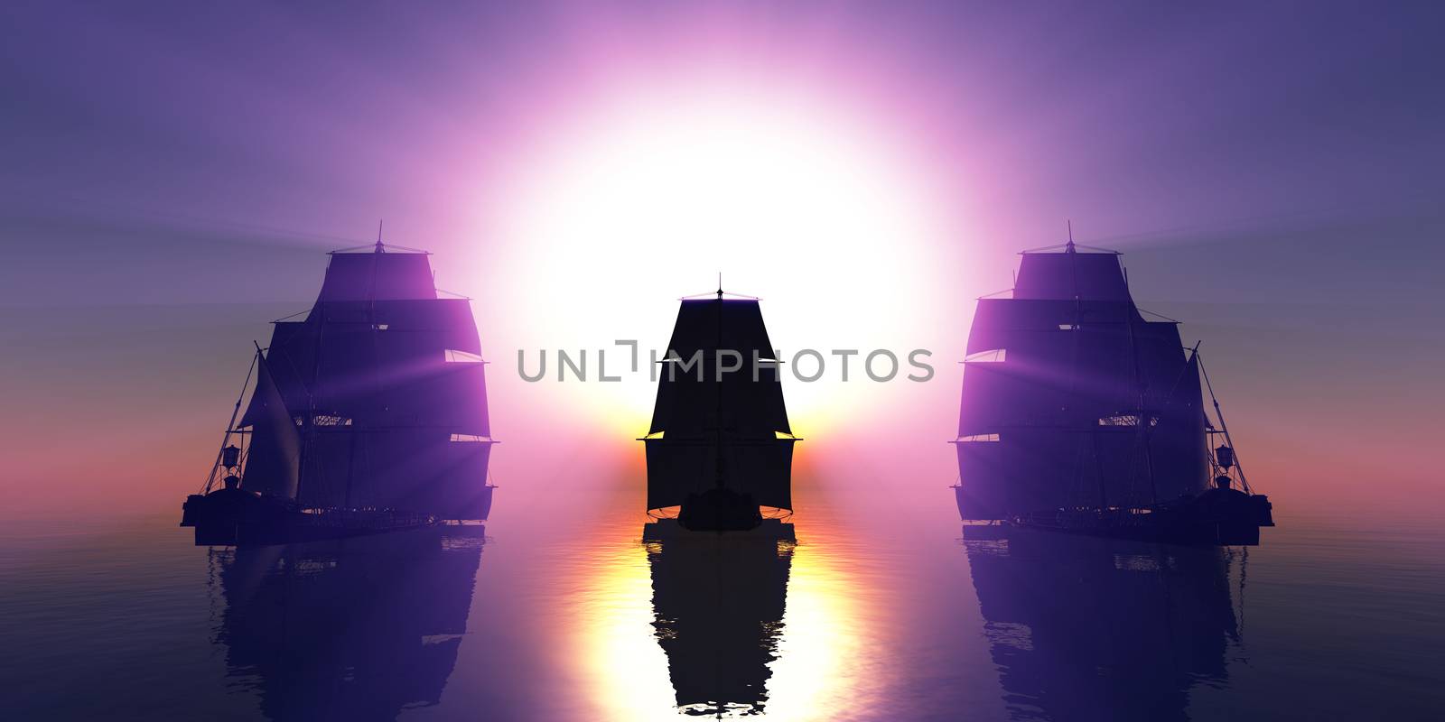 old three ships sunset at sea, 3d rendering by alex_nako