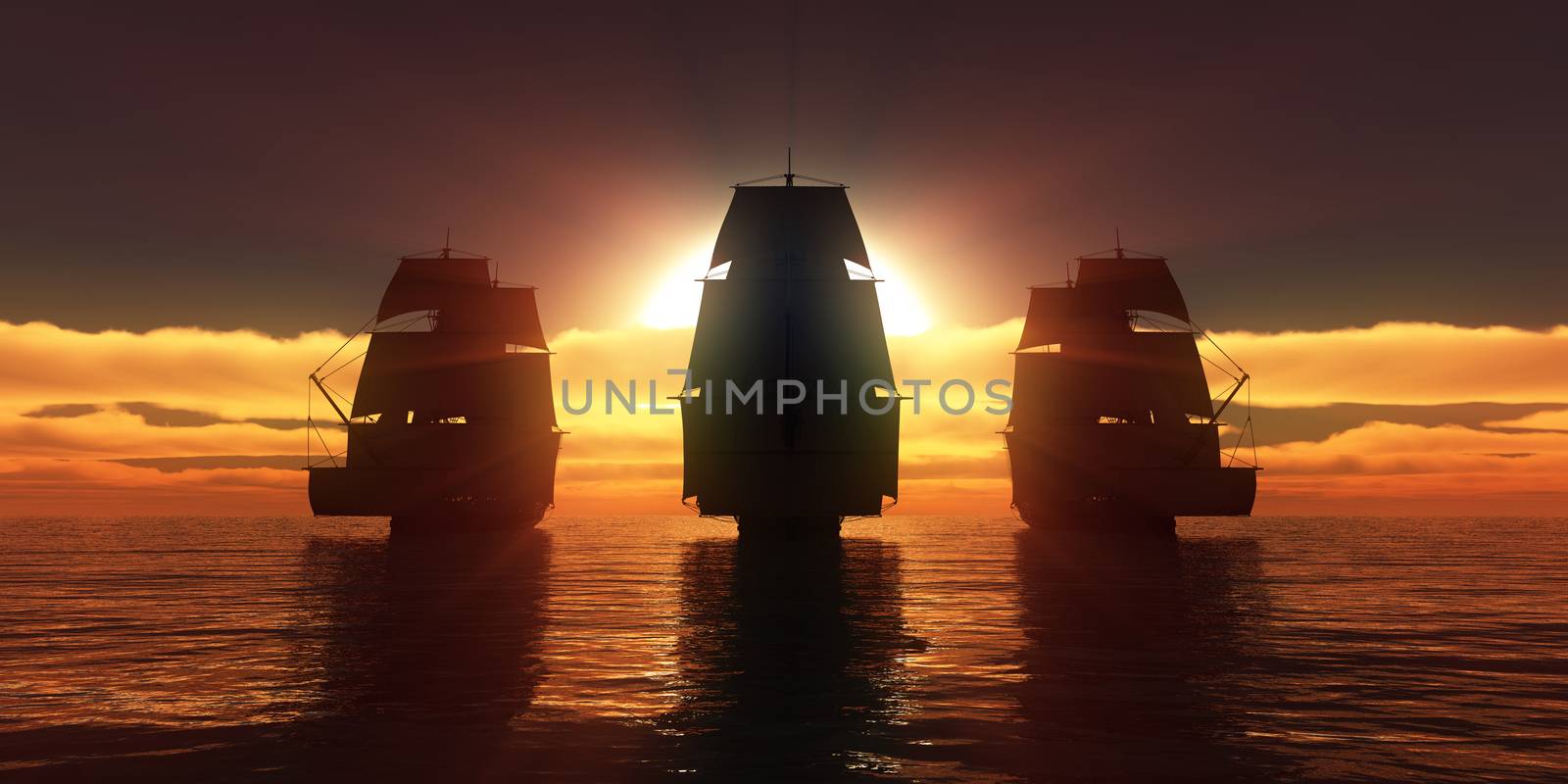 old three ships sunset at sea, 3d rendering by alex_nako