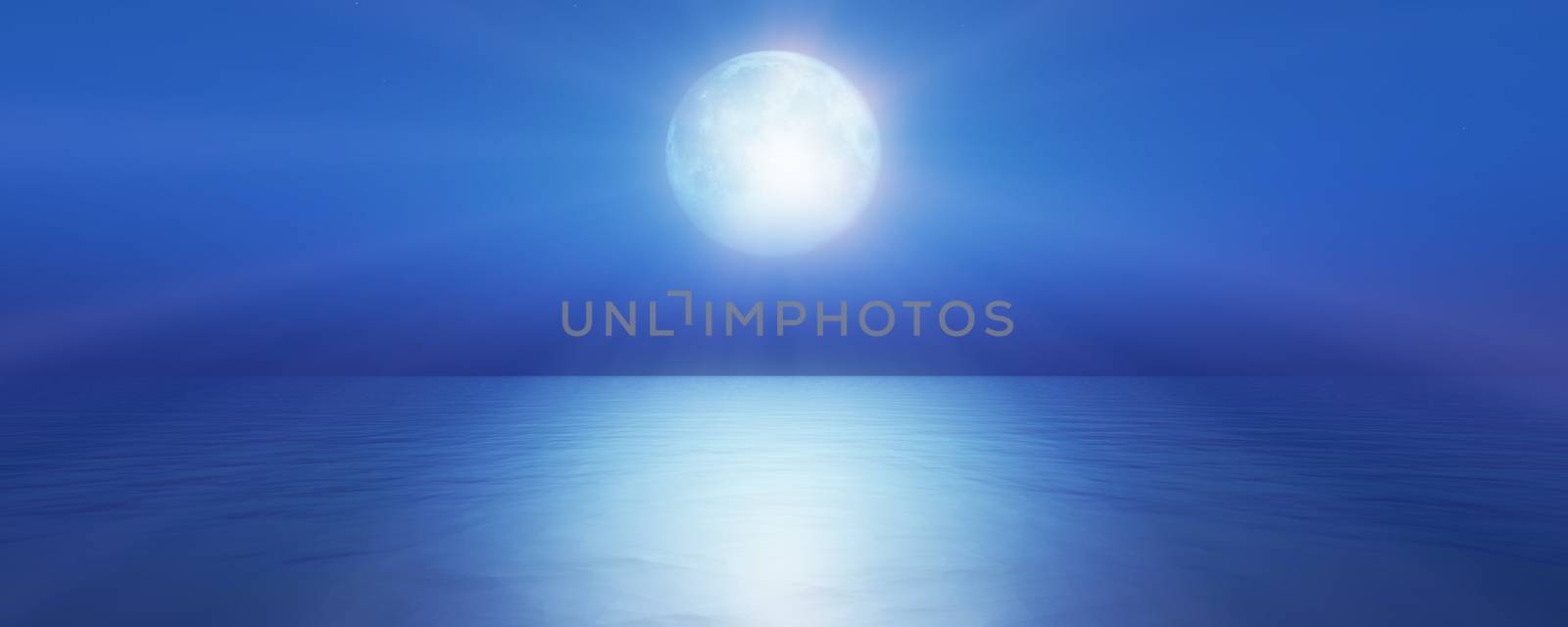 full moon in the sky background reflection in the sea ocean water. 3D render illustration