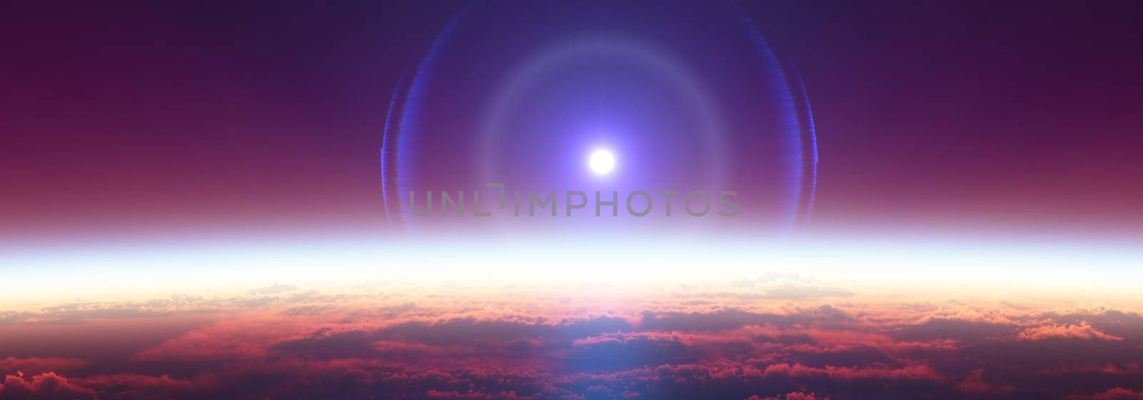 Earth sunrise from space over cloudy ocean. 3d rendering illustration