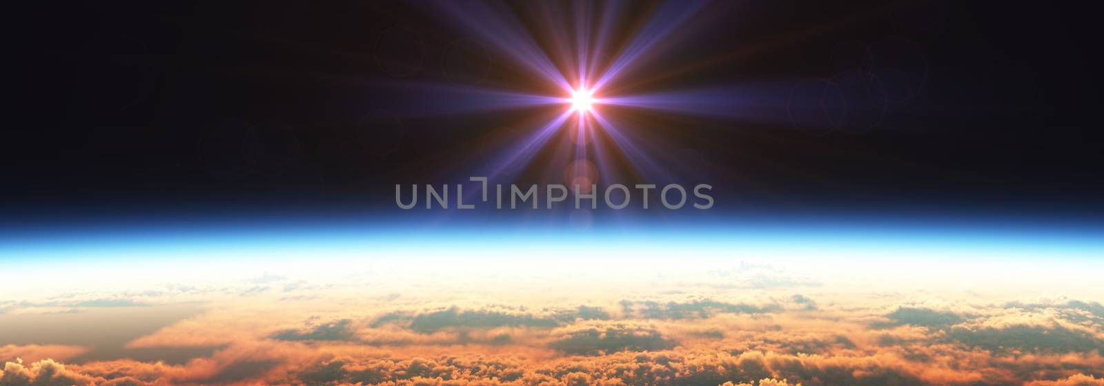 Earth sunrise from space over cloudy ocean. 3d rendering by alex_nako