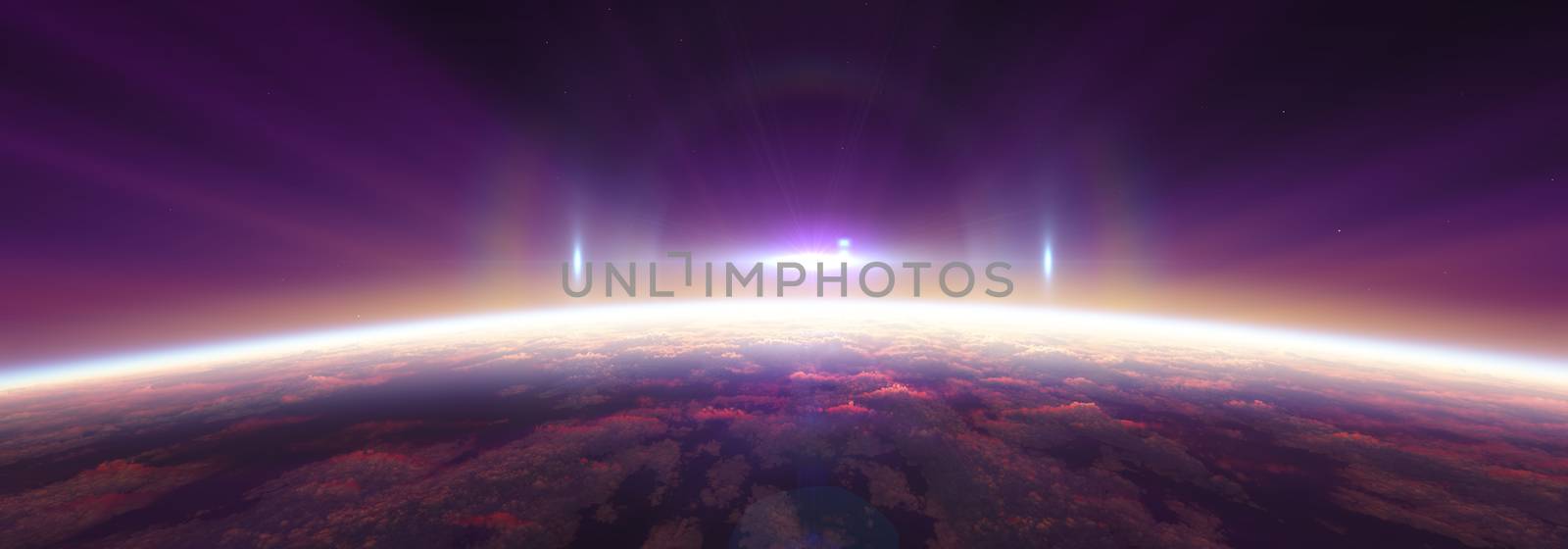 Earth sunrise from space over cloudy ocean. 3d rendering by alex_nako