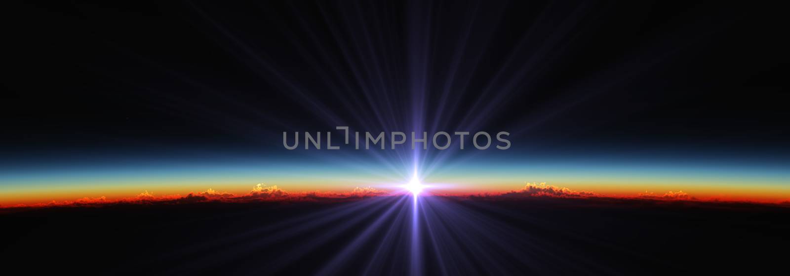 Earth sunrise from space over cloudy ocean. 3d rendering by alex_nako