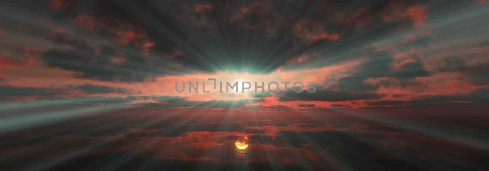 sunset calmly sea sun ray 3d rendering illustration