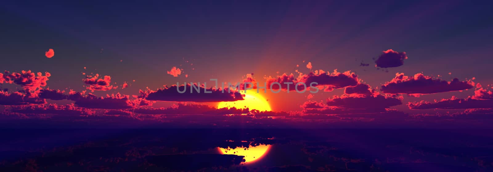 sunset calmly sea sun ray 3d rendering illustration