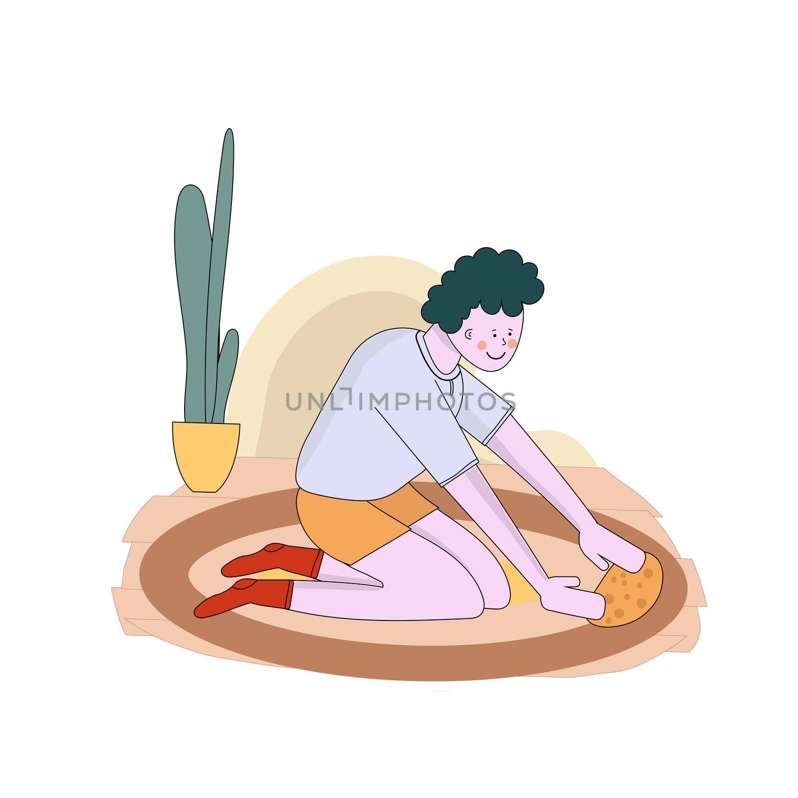 kid helping parents with home cleaning, little boy washing and cleaning carpet and floor. illustration cartoon style by zaryov